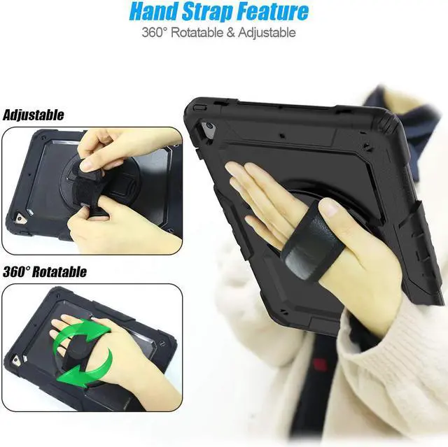 Alt view image 2 of 7 - IPad 5th/6th Generation Case,Shockproof, Drop proof, 360 Degree Rotation Kickstand, Hand Strap,Shoulder Strip to Hang in Car Seat.Built-in Screen Protector for New iPad 9.7 2018/2017 Case