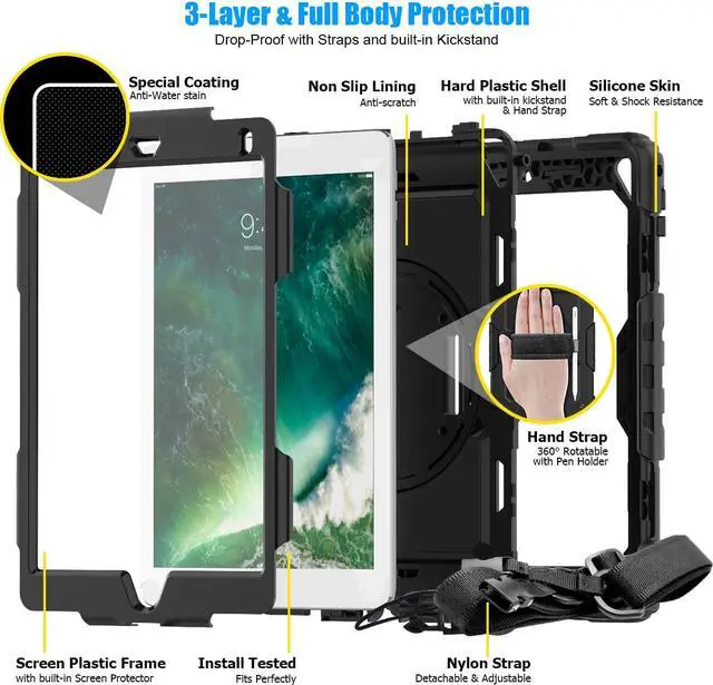 Alt view image 7 of 7 - IPad 5th/6th Generation Case,Shockproof, Drop proof, 360 Degree Rotation Kickstand, Hand Strap,Shoulder Strip to Hang in Car Seat.Built-in Screen Protector for New iPad 9.7 2018/2017 Case