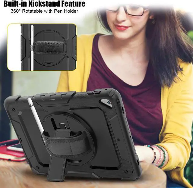 Alt view image 4 of 7 - IPad 5th/6th Generation Case,Shockproof, Drop proof, 360 Degree Rotation Kickstand, Hand Strap,Shoulder Strip to Hang in Car Seat.Built-in Screen Protector for New iPad 9.7 2018/2017 Case