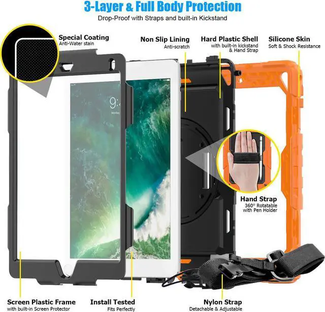 Alt view image 6 of 7 - IPad 5th/6th Generation Case,Shockproof, Drop proof, 360 Degree Rotation Kickstand, Hand Strap,Shoulder Strip to Hang in Car Seat.Built-in Screen Protector for New iPad 9.7 2018/2017 Case