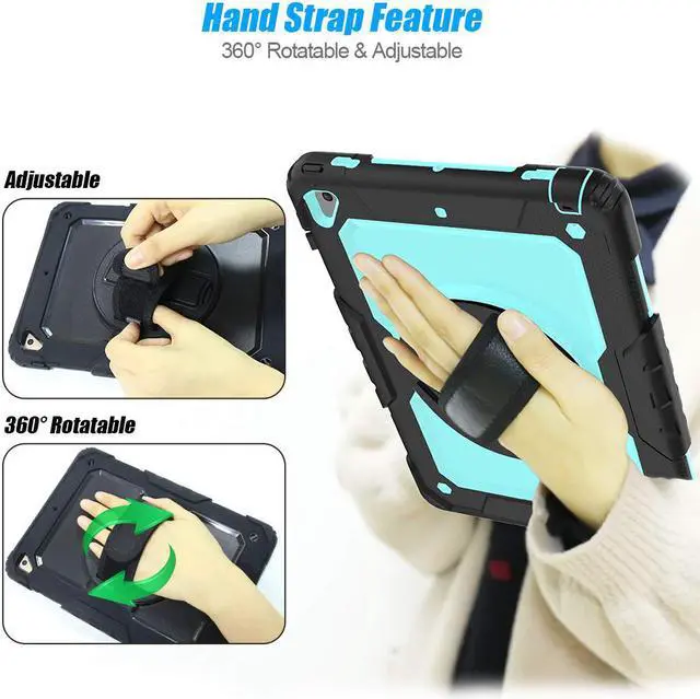 Alt view image 2 of 7 - IPad 5th/6th Generation Case,Shockproof, Drop proof, 360 Degree Rotation Kickstand, Hand Strap,Shoulder Strip to Hang in Car Seat.Built-in Screen Protector for New iPad 9.7 2018/2017 Case