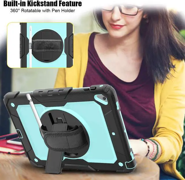 Alt view image 6 of 7 - IPad 5th/6th Generation Case,Shockproof, Drop proof, 360 Degree Rotation Kickstand, Hand Strap,Shoulder Strip to Hang in Car Seat.Built-in Screen Protector for New iPad 9.7 2018/2017 Case