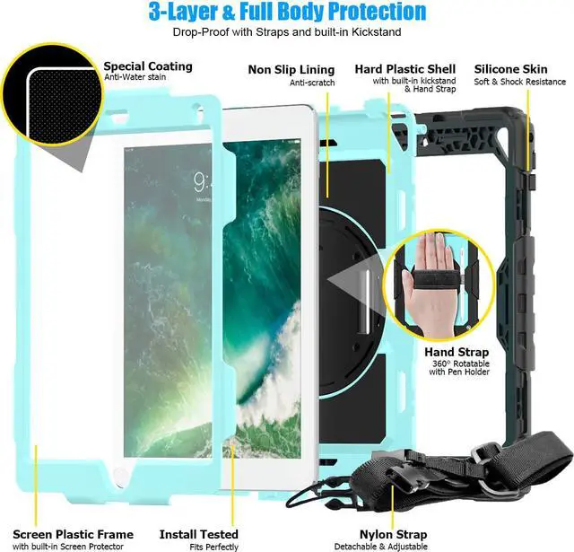 Alt view image 5 of 7 - IPad 5th/6th Generation Case,Shockproof, Drop proof, 360 Degree Rotation Kickstand, Hand Strap,Shoulder Strip to Hang in Car Seat.Built-in Screen Protector for New iPad 9.7 2018/2017 Case
