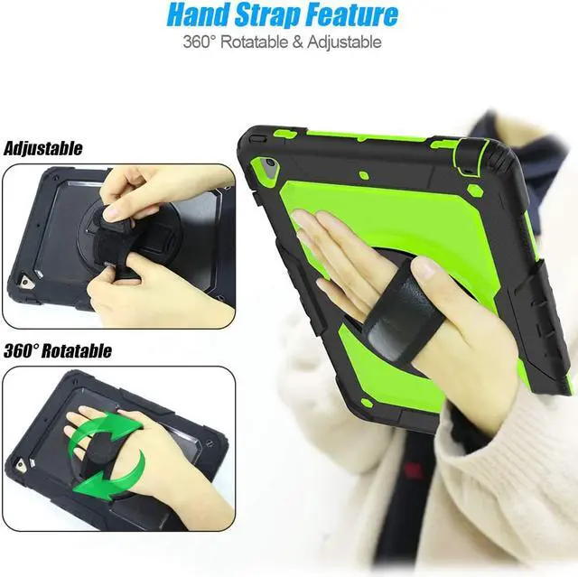 Alt view image 4 of 7 - IPad 5th/6th Generation Case,Shockproof, Drop proof, 360 Degree Rotation Kickstand, Hand Strap,Shoulder Strip to Hang in Car Seat.Built-in Screen Protector for New iPad 9.7 2018/2017 Case