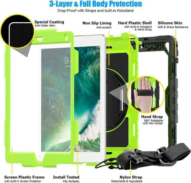 Alt view image 5 of 7 - IPad 5th/6th Generation Case,Shockproof, Drop proof, 360 Degree Rotation Kickstand, Hand Strap,Shoulder Strip to Hang in Car Seat.Built-in Screen Protector for New iPad 9.7 2018/2017 Case