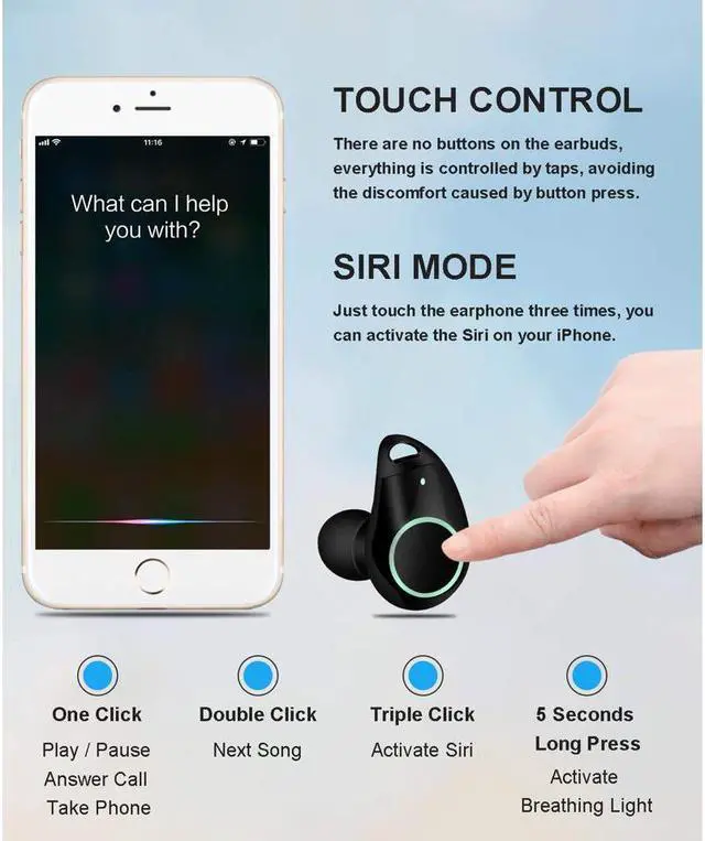 Alt view image 3 of 4 - Bluetooth Wireless Earbuds with 800mAh Charging Box Touch Control Sports Earphones In-Ear IPX5 Waterproof HD Stereo Sweatproof Wireless Headphones Headset with Built-in Mic