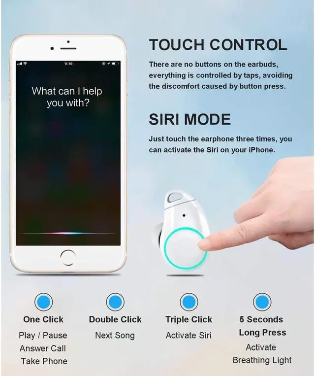 Alt view image 3 of 6 - Bluetooth Wireless Earbuds with 800mAh Charging Box Touch Control Sports Earphones In-Ear IPX5 Waterproof HD Stereo Sweatproof Wireless Headphones Headset with Built-in Mic