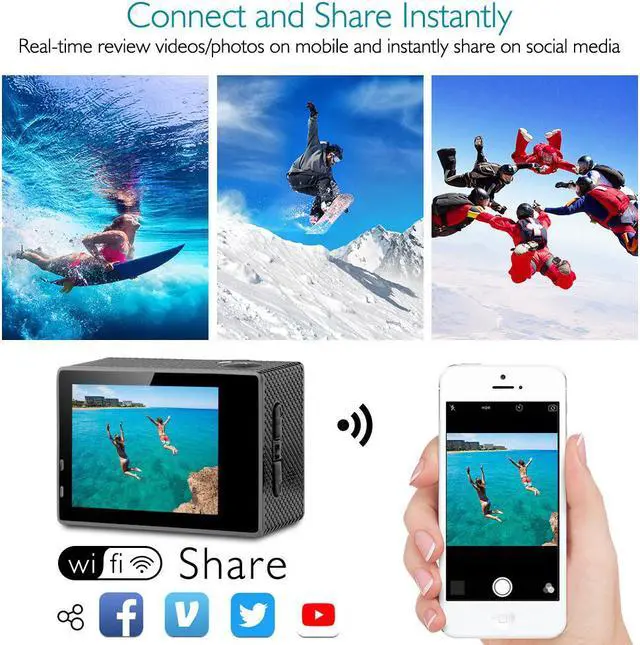 Alt view image 4 of 7 - 4K Action Camera 16MP Vision 3 Underwater Waterproof Camera 170° Wide Angle WiFi Sports Cam with Remote 2 Batteries and Mounting Accessories Kit