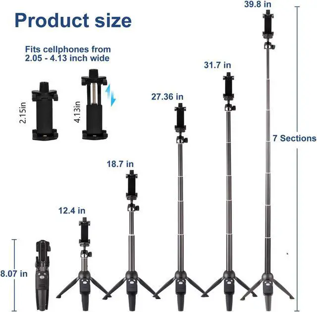 Alt view image 2 of 7 - 40-inch Selfie Stick Tripod, Extendable Selfie Stick Tripod Stand with Wireless Remote, Compatible with iPhone Xs/Xr/Xs Max/X/8/8 Plus/Samsung Galaxy Note 9/S9/Huawei/Honor/Google and More