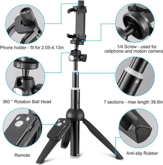Alt view image 4 of 7 - 40-inch Selfie Stick Tripod, Extendable Selfie Stick Tripod Stand with Wireless Remote, Compatible with iPhone Xs/Xr/Xs Max/X/8/8 Plus/Samsung Galaxy Note 9/S9/Huawei/Honor/Google and More