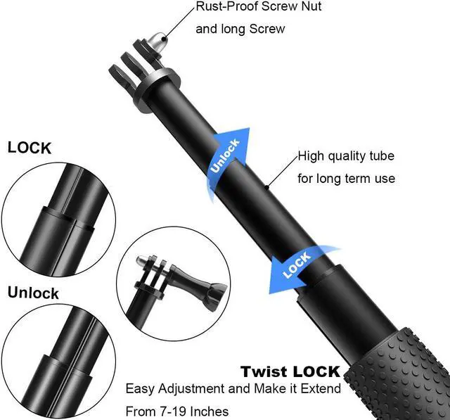 Alt view image 2 of 6 - Selfie Stick Telescopic Pole Pocket Purse Size 7"-19" for Gopro Hero 7 6 5, Session 5, Hero 4/3+/3/2 (Black)