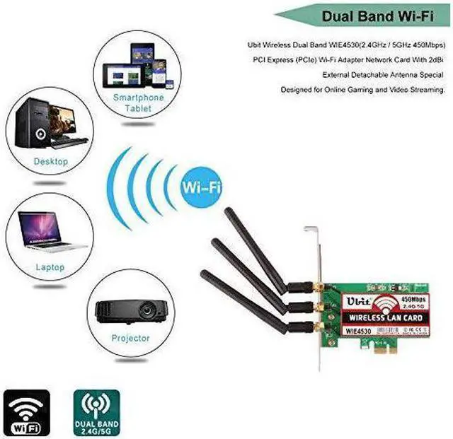 Alt view image 4 of 7 - Dual Band 450Mbps Wireless PCI-E Express Card WiFi Network Adapter Card Support Dual Band (2.4GHz 450Mbps or 5GHz 450Mbps) with 3PCS Antenna for Win7/Win8/Win10 - WIE4530