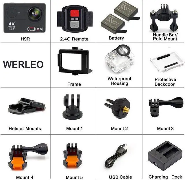 Alt view image 7 of 7 - GeeKam Action Camera 4K WiFi Ultra HD Underwater 30M Waterproof 170° Wide Angle Lens Sports Camcorder with Remote Control 2 Rechargeable Batteries and Mounting Accessories Kit
