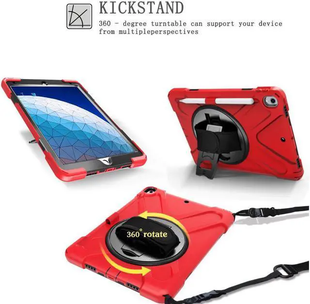 Alt view image 2 of 6 - iPad AIR 3rd Generation 10.5” 2019 Case iPad Pro 10.5 inch 2017 Case - Heavy Duty Shockproof Protective Case Cover with Pencil Holder Rotating Stand / Hand Strap Carrying Shoulder Strap