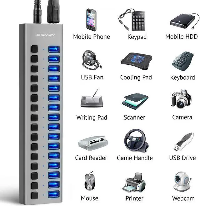 Alt view image 3 of 7 - Powered USB Hub - 16 Ports 90W USB 3.0 Data Hub - with Individual On/Off Switches and 12V/7.5A Power Adapter USB Hub 3.0 Splitter for Laptop, PC, Computer, Mobile HDD, Flash Drive and More