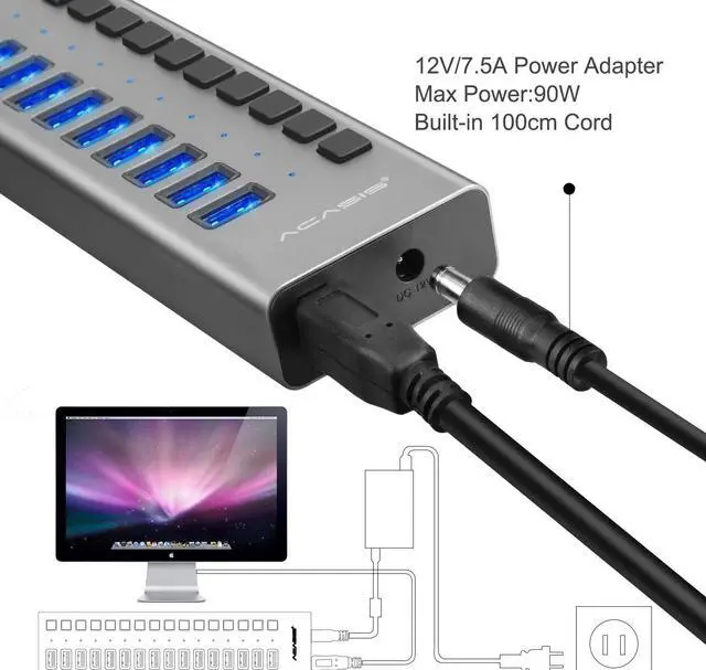 Alt view image 2 of 7 - Powered USB Hub - 16 Ports 90W USB 3.0 Data Hub - with Individual On/Off Switches and 12V/7.5A Power Adapter USB Hub 3.0 Splitter for Laptop, PC, Computer, Mobile HDD, Flash Drive and More