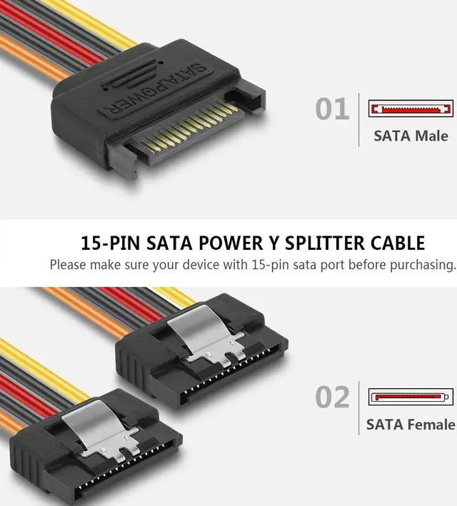 Alt view image 3 of 6 - 15 Pin SATA Power Y-Splitter Cable 8 Inches - 2 Pack