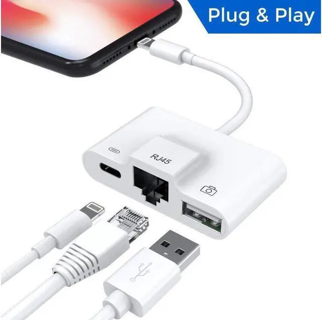 Main image of 3 in 1 RJ45 Ethernet LAN Wired Network Adapter Compatible iPhone iPad to USB Camera Adapter Kit, OTG Adapter Cable
