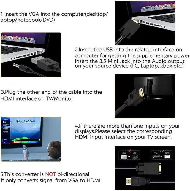 Alt view image 5 of 7 - 1080P VGA to HDMI Adapter Male to Female for Computer Desktop Laptop PC Monitor Projector HDTV with Audio Cable and USB Cable Black