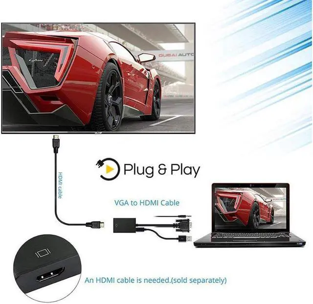 Alt view image 2 of 7 - 1080P VGA to HDMI Adapter Male to Female for Computer Desktop Laptop PC Monitor Projector HDTV with Audio Cable and USB Cable Black