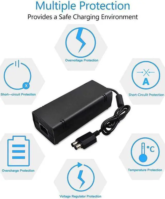 Alt view image 4 of 7 - Xbox 360 Slim Power Brick with Power Cord Cable, AC Adapter Built-In Ultra-Quiet Upgrade Fan, Xbox 360 Power Supply Charger for Xbox 360 Slim Console