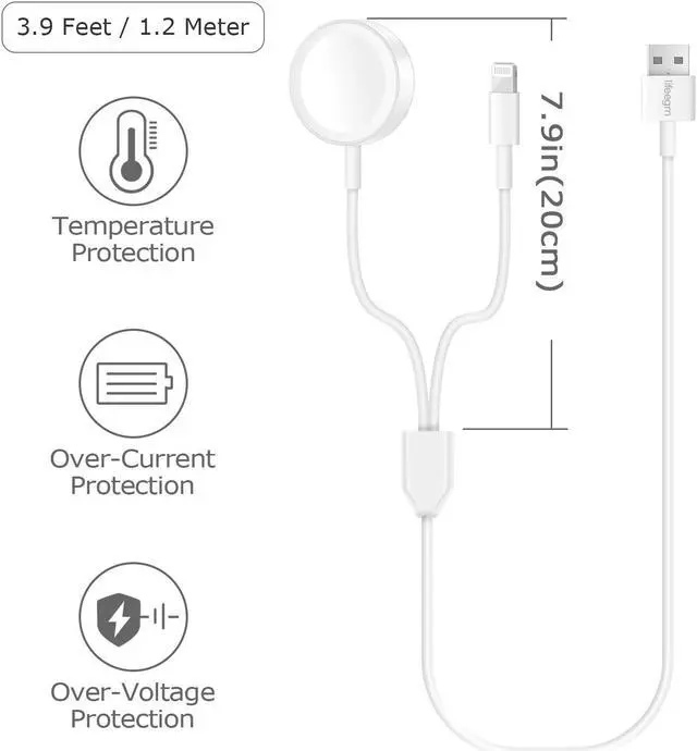 Alt view image 4 of 7 - Apple Watch Charger, 2 in 1 iphone Charger With 3.3ft/1.0m Portable Charging Cable Compatible With for Apple Watch Series 4/3/2/1, iPhoneXR/XS/XS Max/X/8/8Plus/7/7Plus/6/6Plus/iPad4/iPad Air/iPad mini