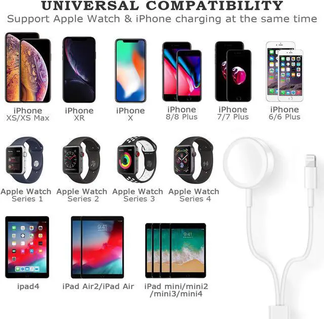 Alt view image 2 of 7 - Apple Watch Charger, 2 in 1 iphone Charger With 3.3ft/1.0m Portable Charging Cable Compatible With for Apple Watch Series 4/3/2/1, iPhoneXR/XS/XS Max/X/8/8Plus/7/7Plus/6/6Plus/iPad4/iPad Air/iPad mini