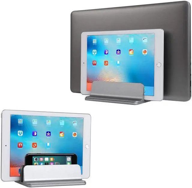 Alt view image 2 of 7 - [Updated Dock Version] Vertical Laptop Stand, Double Desktop Stand Holder with Adjustable Dock (Up to 17.3 inch), Fits All MacBook/Surface/Samsung/HP/Dell/Chrome book