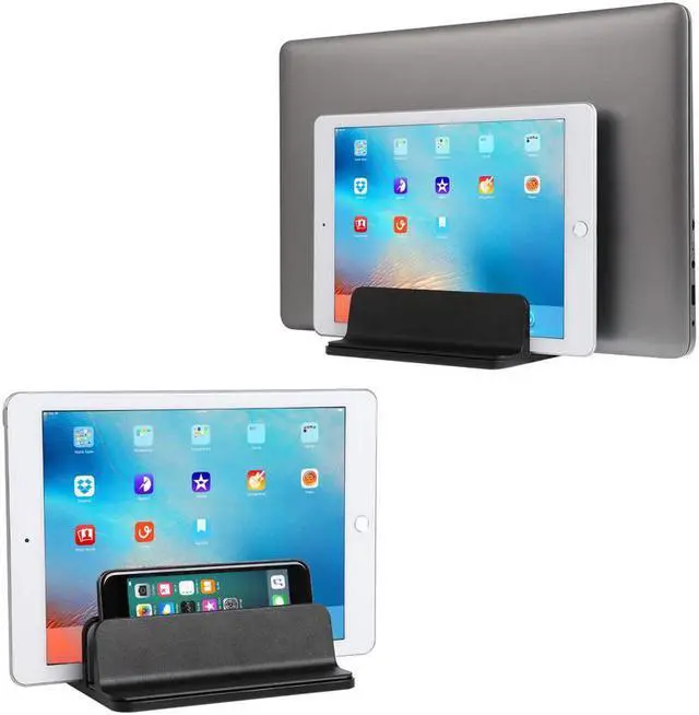 Alt view image 2 of 7 - [Updated Dock Version] Vertical Laptop Stand, Double Desktop Stand Holder with Adjustable Dock (Up to 17.3 inch), Fits All MacBook/Surface/Samsung/HP/Dell/Chrome book