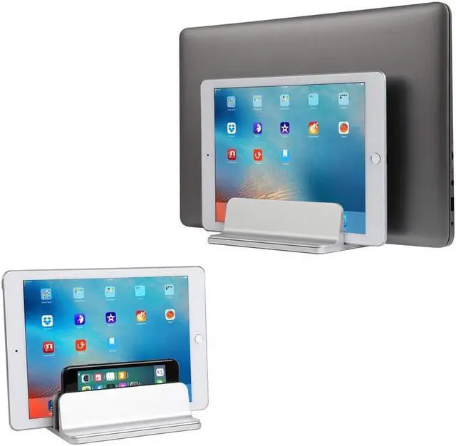 Alt view image 2 of 7 - [Updated Dock Version] Vertical Laptop Stand, Double Desktop Stand Holder with Adjustable Dock (Up to 17.3 inch), Fits All MacBook/Surface/Samsung/HP/Dell/Chrome book