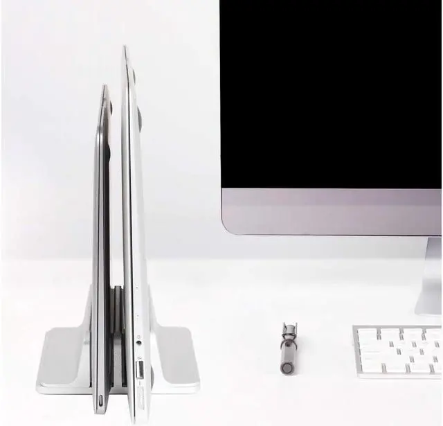 Alt view image 7 of 7 - [Updated Dock Version] Vertical Laptop Stand, Double Desktop Stand Holder with Adjustable Dock (Up to 17.3 inch), Fits All MacBook/Surface/Samsung/HP/Dell/Chrome book