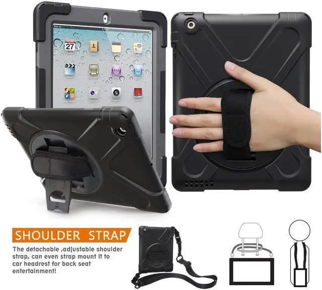 Main image of iPad 2 Case iPad 3 Case iPad 4 Case Cover Heavy Duty Shockproof Protective Case for iPad 2 3 4 Tablet Case with 360 Degrees Rotable Hand Strap Kickstand and Shoulder Strap
