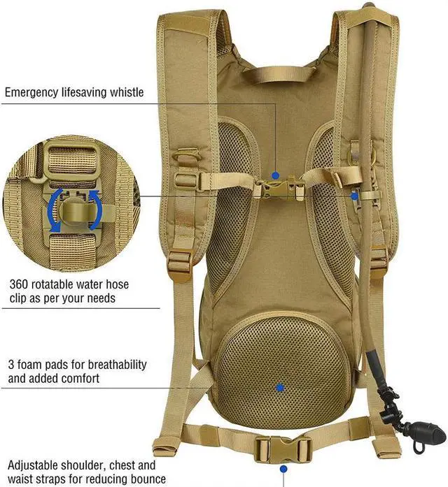 Alt view image 3 of 7 - Tactical MOLLE Hydration Pack Backpack 900D with 3L Leak-Proof Water Bladder, Keep Liquids Cool for Up to 4 Hours, Daypack for Hiking, Cycling, Running, Hunting, Biking