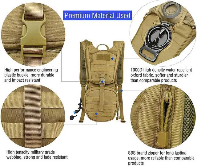 Alt view image 5 of 7 - Tactical MOLLE Hydration Pack Backpack 900D with 3L Leak-Proof Water Bladder, Keep Liquids Cool for Up to 4 Hours, Daypack for Hiking, Cycling, Running, Hunting, Biking