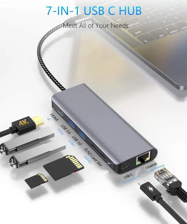 Alt view image 2 of 7 - USB C to HDMI Hub for Nintendo Switch USB C Docking Station with Gigabit Ethernet 4K HDMI USB C Power Delivery 2 USB 3.0 Ports SD / TF Card Reader Portable for MacBook Pro Samsung S9 and More