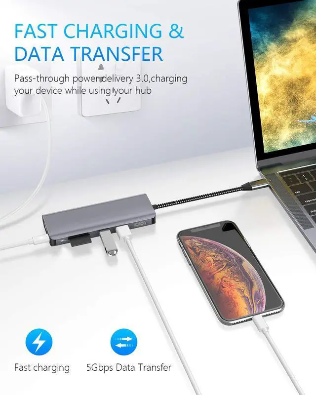 Alt view image 6 of 7 - USB C to HDMI Hub for Nintendo Switch USB C Docking Station with Gigabit Ethernet 4K HDMI USB C Power Delivery 2 USB 3.0 Ports SD / TF Card Reader Portable for MacBook Pro Samsung S9 and More