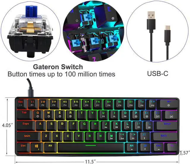 Alt view image 4 of 7 - WERLEO Mechanical Keyboard RGB LED Backlit Wired Keyboard Portable Small Compact Waterproof Mini Gaming Keyboard 61 Keys Gateron Blue Switchs Hot Swappable Keyboard for PC Mac