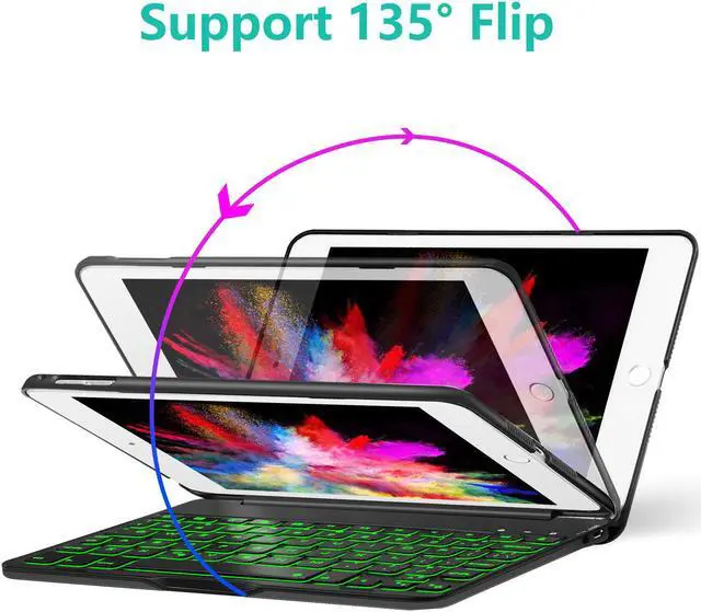 Alt view image 2 of 7 - iPad Mini 5 / Mini 4 Bluetooth Keyboard - 135 Degree Flip - 7 Color Backlit - Auto Sleep/Wake - Ultra-Thin Wireless Bluetooth Keyboard Case Cover for Apple iPad Mini 5 (2019) iPad Mini 4 (2015)
