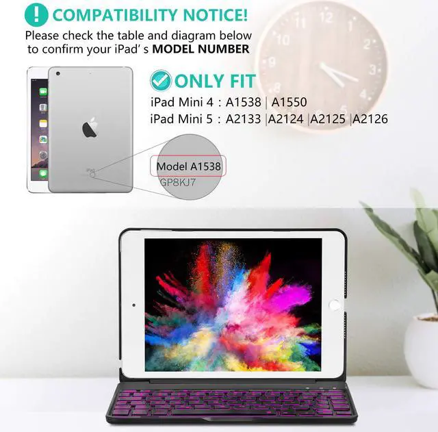 Alt view image 7 of 7 - iPad Mini 5 / Mini 4 Bluetooth Keyboard - 135 Degree Flip - 7 Color Backlit - Auto Sleep/Wake - Ultra-Thin Wireless Bluetooth Keyboard Case Cover for Apple iPad Mini 5 (2019) iPad Mini 4 (2015)