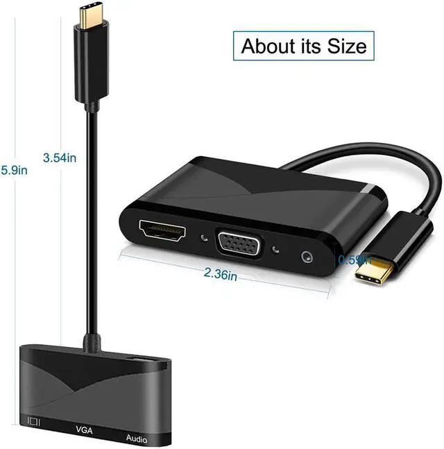 Alt view image 3 of 7 - Werleo USB C to HDMI + VGA Audio Adapter USB Type C Thunderbolt 3 Compatible to HDMI 4K + VGA Video Converter for 2017 New MacBook Pro / Chromebook Pixel / ThinkPad T470 / Samsung Galaxy S8 etc