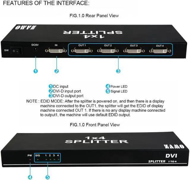 Alt view image 5 of 7 - Werleo 1x4 DVI Splitter Multiple Video Display Support 4K2K 3D 1 Input 4 Output DVI Distribution