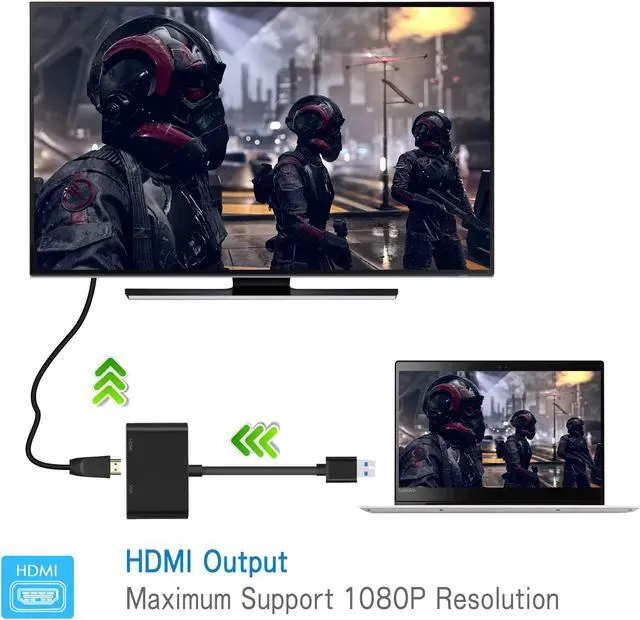 Alt view image 6 of 7 - USB to HDMI VGA Adapter, USB 3.0 to HDMI Converter 1080P HDMI and VGA Sync Output Support Windows 10/8/7 Only (Black)