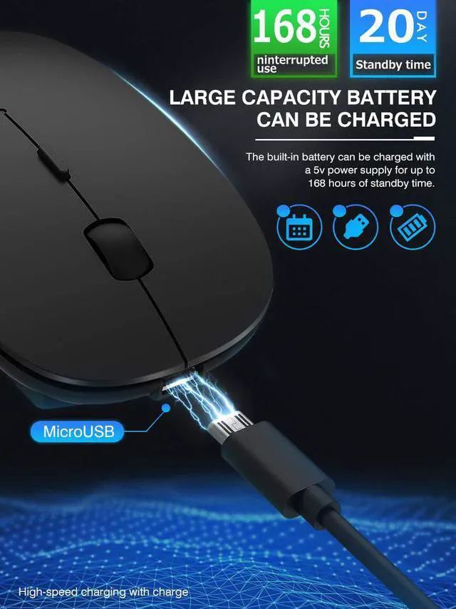 Alt view image 3 of 6 - Rechargeable Wireless Mouse, 2.4Ghz Silent Computer Office Portable Slim Optical Mouse with USB Receiver Type-C, 3-Level Adjustable DPI for Laptop, Computer, MacBook, Notebook, PC (Black)