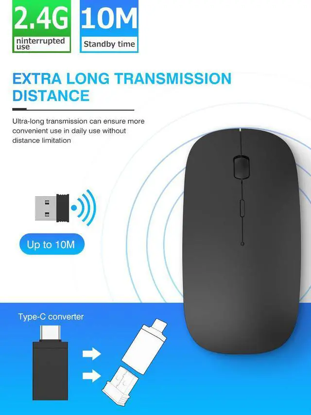 Alt view image 4 of 6 - Rechargeable Wireless Mouse, 2.4Ghz Silent Computer Office Portable Slim Optical Mouse with USB Receiver Type-C, 3-Level Adjustable DPI for Laptop, Computer, MacBook, Notebook, PC (Black)