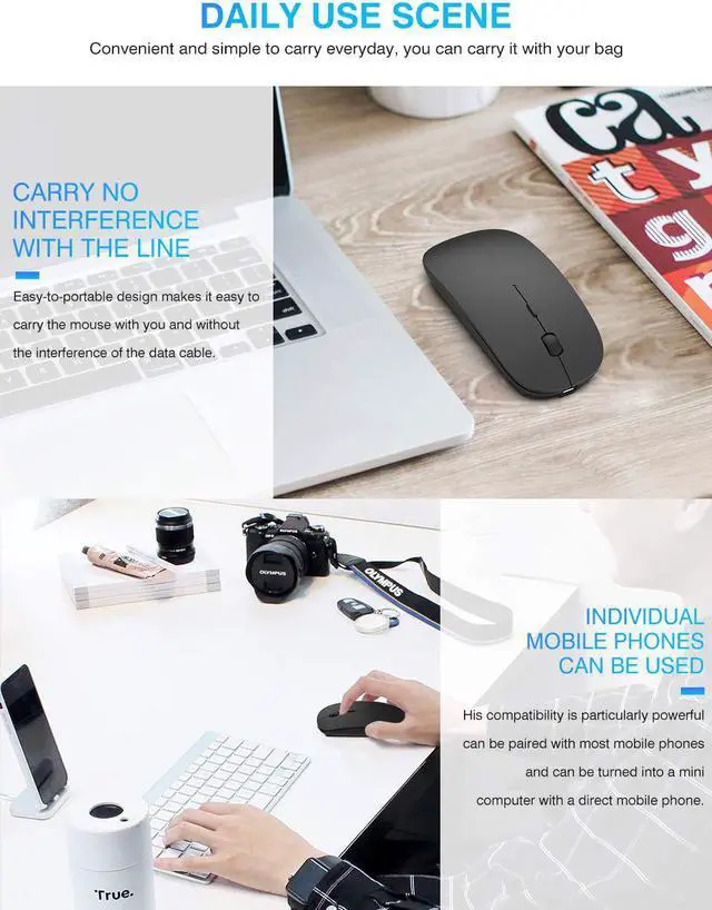 Alt view image 6 of 6 - Rechargeable Wireless Mouse, 2.4Ghz Silent Computer Office Portable Slim Optical Mouse with USB Receiver Type-C, 3-Level Adjustable DPI for Laptop, Computer, MacBook, Notebook, PC (Black)