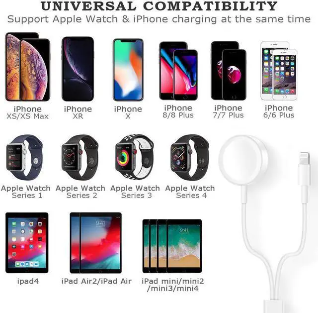 Alt view image 6 of 7 - Apple Watch Charger, 2 in 1 iphone Charger With 3.3ft/1.0m Portable Charging Cable Compatible With for Apple Watch Series 4/3/2/1, iPhoneXR/XS/XS Max/X/8/8Plus/7/7Plus/6/6Plus/iPad4/iPad Air/iPad mini