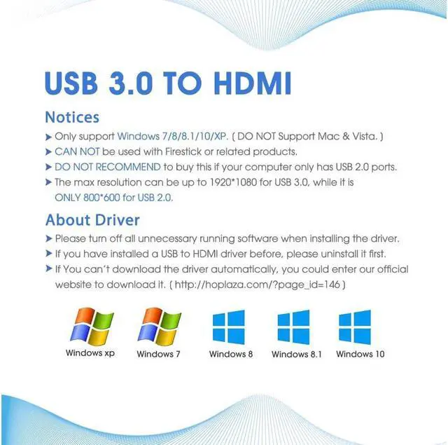 Alt view image 6 of 7 - USB to HDMI Adapter USB 3.0 to HDMI Converter 1080P HD Display Audio Video Converter for Windows 7 8 10 Computer ONLY (NOT SUPPORT MAC/Linux/Vista)