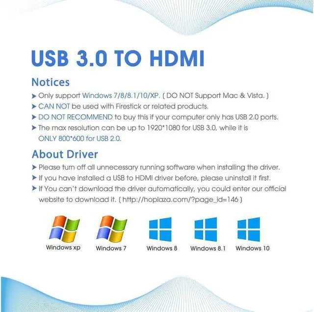 Alt view image 4 of 7 - USB to HDMI Adapter USB 3.0 to HDMI Converter 1080P HD Display Audio Video Converter for Windows 7 8 10 Computer ONLY (NOT SUPPORT MAC/Linux/Vista)