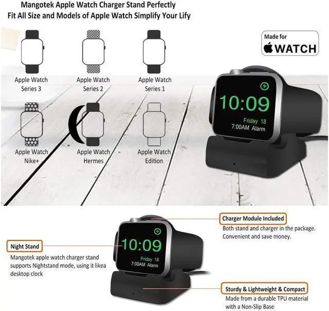 Alt view image 5 of 6 - Wireless Charging Station Dock Charger Stand for Apple Watch Nightstand Mode Compatible with Built-in Magnetic Charging Cable Apple Watch Series 4 Series 3 Series 2 and Series 1 Compatible BLA