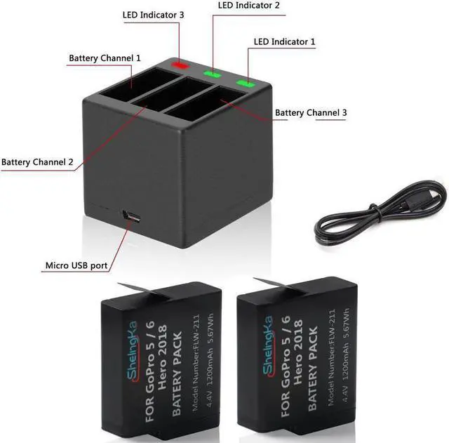 Alt view image 5 of 7 - 2 Pack Rechargeable Battery and 3-Channel Charger for GoPro HERO 8 HERO 2018 GoPro HERO 5 HERO 6 HERO 7 HERO 5 Black HERO 6 Black HERO 7 Black
